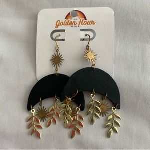 Golden Hour Designs Black and Gold Sun and Leaves Dangling Earrings